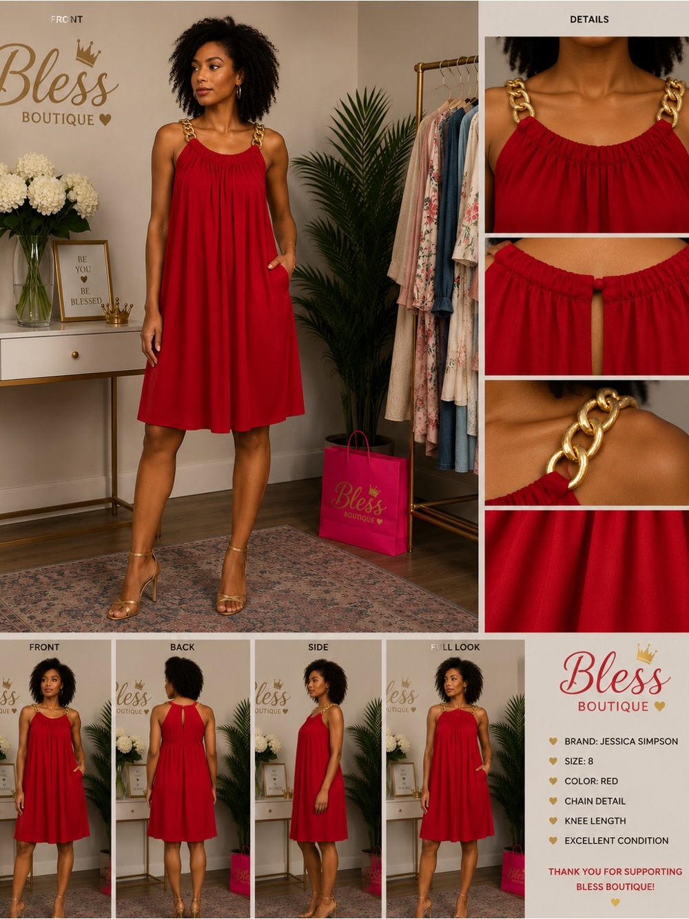Jessica Simpson Red Dress with Gold Chain Straps